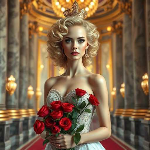 A beautiful blonde woman stands confidently against a grand backdrop of a large room with marble columns and a gold chandelier hanging from the ceiling. She is dressed in an elegant white gown adorned with red roses on her lapel. The woman holds a bouquet of red roses in her hands, adding to the romantic atmosphere.