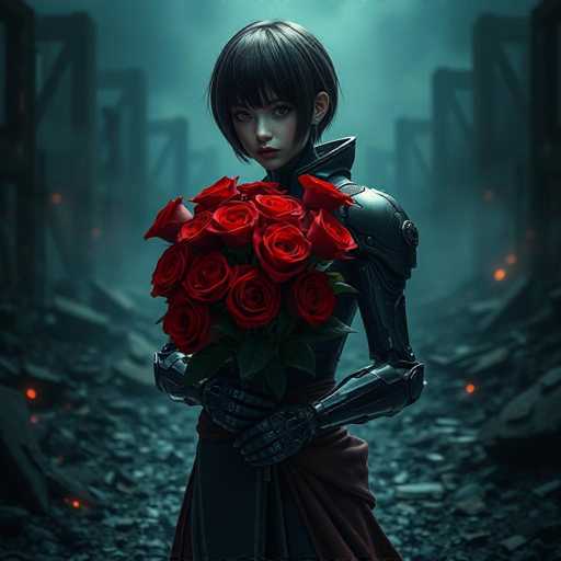 A woman with short black hair and a red dress stands in front of a pile of rubble on a rocky path. She is holding a bouquet of red roses.