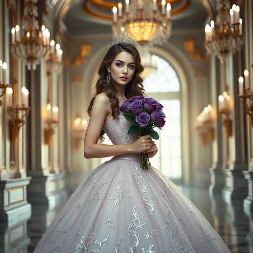 A woman is standing in an opulent room with a chandelier hanging from the ceiling and a large window on one side of the room. She is wearing a pink ball gown that has white lace detailing and a train trailing behind her. The woman holds a bouquet of purple flowers, which she is holding up to her face as if posing for the camera.