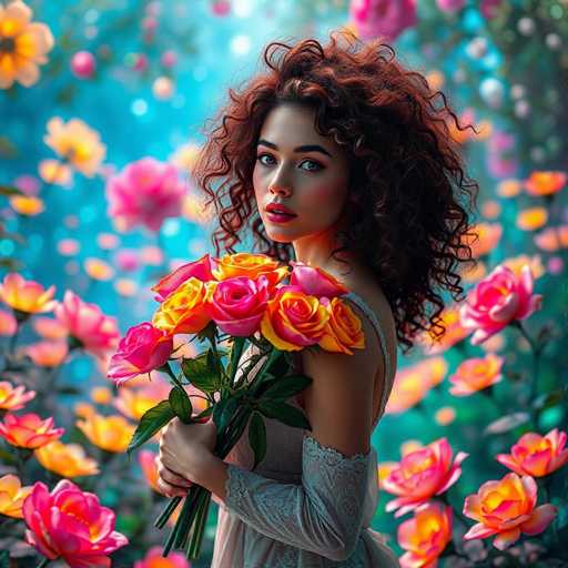 A woman with curly hair is standing in a garden filled with pink and yellow flowers. She is holding a bouquet of roses in her hands. The background features a blue sky dotted with clouds and trees.