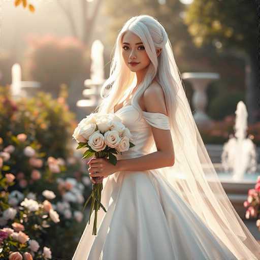 A woman with blonde hair is standing in a garden surrounded by pink and white flowers. She is wearing a white wedding dress that falls just below her knees. The woman holds a bouquet of white roses in her hands.