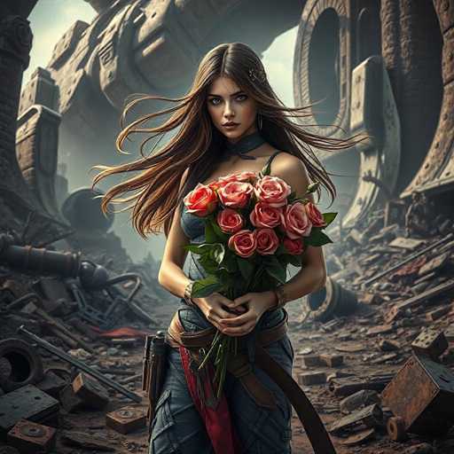 A woman stands amidst ruins and rubble, holding a bouquet of pink roses. She is dressed in blue jeans and a black top with a red scarf around her neck. The background features an industrial setting with large structures and debris scattered about.
