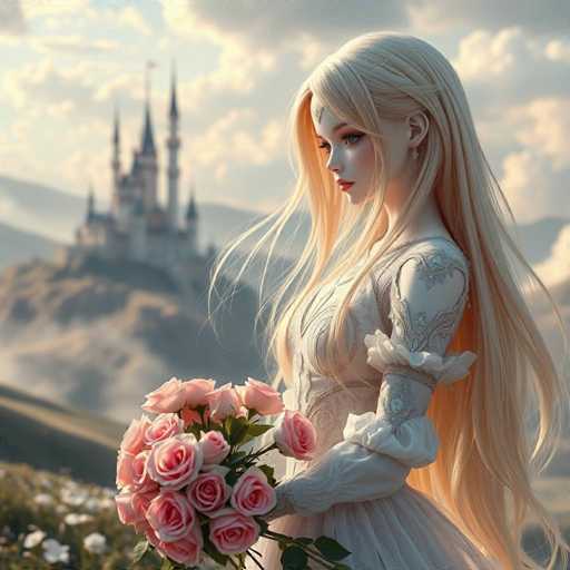 A blonde-haired doll is standing on a hill with a castle in the background and holding a bouquet of pink roses.