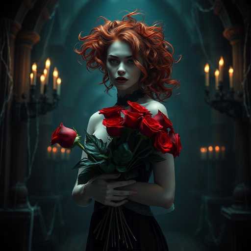 A woman with red hair is standing in a dimly lit room filled with candles and chandeliers. She is wearing a black dress that contrasts with the warm tones of the room. The woman holds a bouquet of roses in her hands, which are predominantly red.