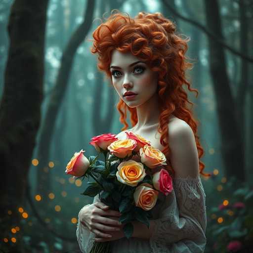 A young woman with red hair is standing in a forest surrounded by trees and bushes. She is holding a bouquet of flowers that includes pink roses and yellow daisies. The background is dark green, creating an atmosphere of mystery and tranquility.
