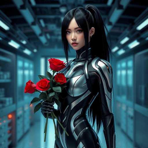 A woman with long black hair is standing in a room filled with shelves and cabinets. She is wearing a futuristic silver suit that has a metallic sheen to it. The woman is holding three red roses in her hands.