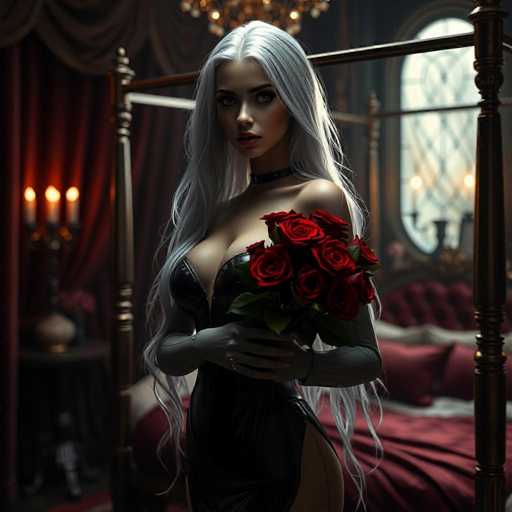 A woman with long blonde hair and a black dress stands in front of a bed with red sheets and gold headboard, holding a bouquet of red roses. The room is dimly lit, creating an atmosphere of mystery and elegance.