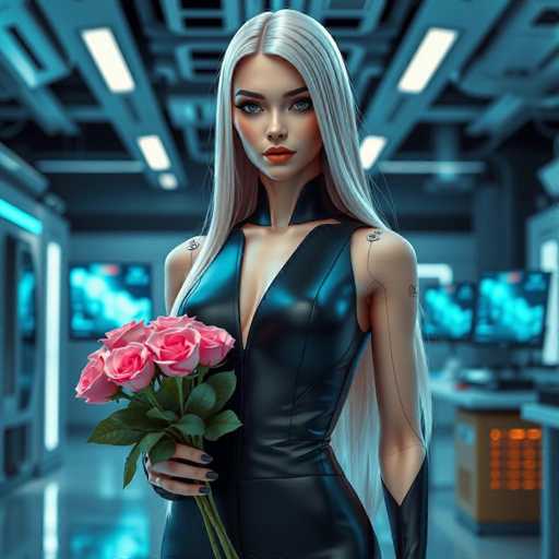 A woman with blonde hair and blue eyes is standing in a room filled with monitors and computer equipment. She is wearing a black dress that contrasts with the modern surroundings. The woman holds a bouquet of pink roses in her hands.
