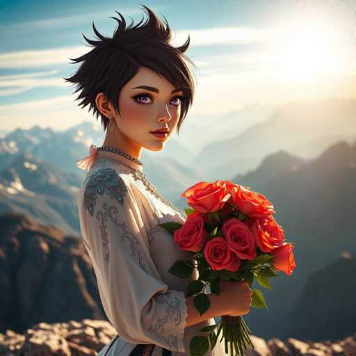 A woman with short hair and dark eyes is standing on a rocky cliff overlooking a breathtaking mountain range under a clear blue sky. She is wearing a white dress that contrasts with the rugged terrain around her. The woman holds a bouquet of red roses in her hands.