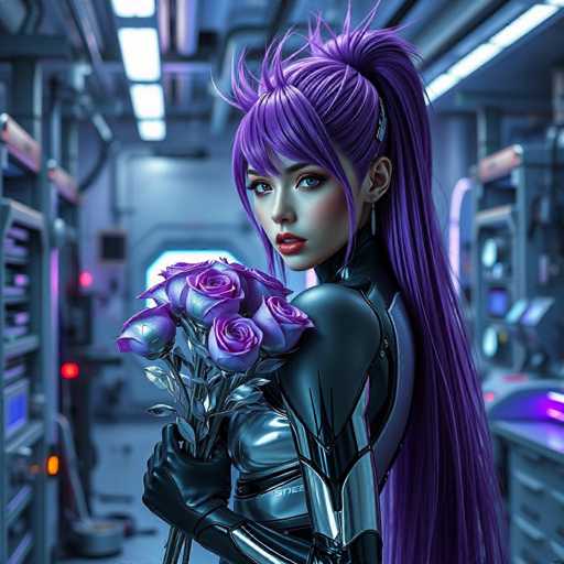A woman with long purple hair is standing in a room filled with various machines and equipment. She is wearing a silver suit that has a robot-like appearance. The woman is holding a bouquet of purple roses in her right hand.