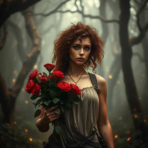 A woman with curly red hair is standing in a forest surrounded by trees and bushes. She is holding a bouquet of red roses in her right hand. The background is dark and foggy, creating an atmospheric setting for the scene.