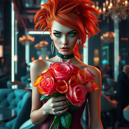 A woman with red hair styled into a spiky updo is the main subject of this image. She is holding a bouquet of pink roses and wearing a black choker necklace. The background features a dark room with a blue couch and a white table in the foreground.
