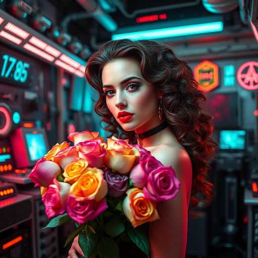 A woman with long brown hair is standing in a room filled with neon lights and computer monitors. She is wearing a black choker necklace and holding a bouquet of pink and yellow roses. The background features a monitor displaying the numbers "1785" and "1786".