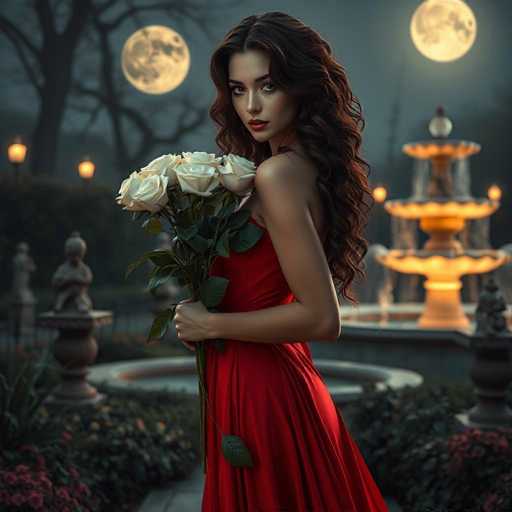 A woman with long brown hair is standing in a garden at night, holding a bouquet of white roses and wearing a red dress. The garden features a fountain and statues, creating an enchanting atmosphere.