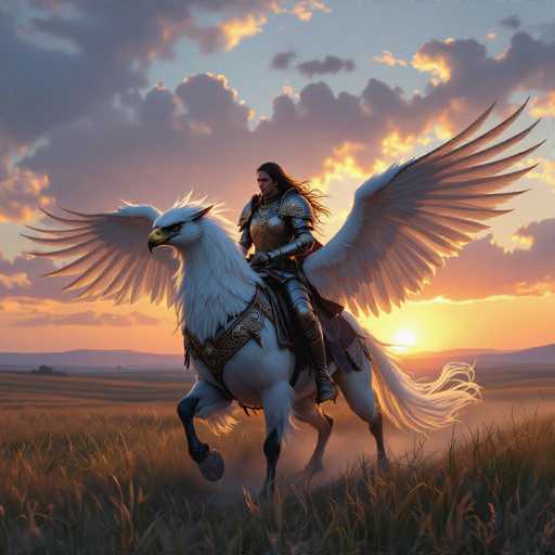 A woman is riding on the back of a white horse with wings spread wide and a golden eagle perched on its head during sunset.