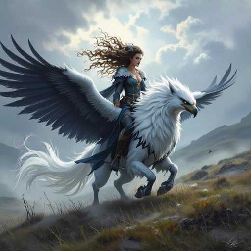 A woman with long brown hair is riding a white horse on a grassy hill under a cloudy sky.
