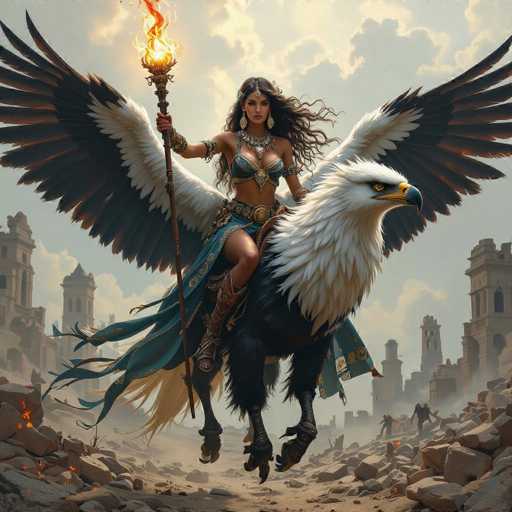 The image depicts a woman riding on the back of a majestic white eagle with wings spread wide and a flaming torch held aloft by her right hand. The woman is adorned in traditional attire consisting of a blue dress and gold jewelry. The backdrop features ruins and buildings scattered across the landscape, suggesting an ancient or historical setting.