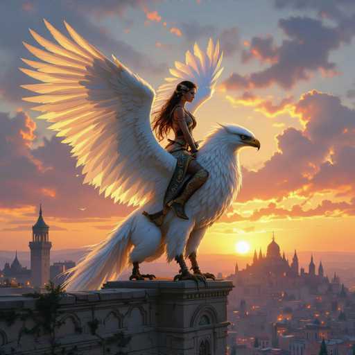 The image depicts a woman perched on a white bird with wings spread wide and a golden headdress atop her head. The bird is positioned centrally in the frame, facing towards the right side of the image. In the background, there are buildings that appear to be part of an urban landscape, suggesting that this scene takes place in a city or town setting.
The woman's attire consists of a black dress and gold boots, which contrasts with the white bird and golden headdress. The sky above them is painted with hues of orange and yellow, indicating either sunrise or sunset.