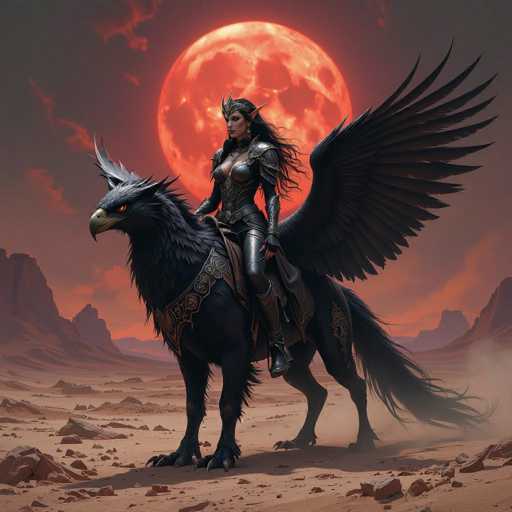 A woman dressed as a fairy is riding on the back of a majestic black dragon with wings spread wide and horns gleaming under the moonlight. The dragon's body is adorned with intricate patterns in gold and red hues, while its tail bears a single feather. The scene takes place against a backdrop of a fiery sunset casting an orange glow over the desert landscape.