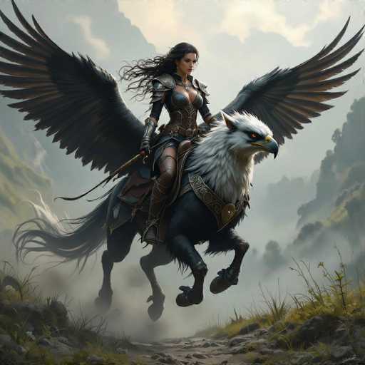 A woman is riding on the back of a majestic white eagle with wings spread wide and a sword in her hand. The scene takes place in a mountainous landscape with trees and rocks visible in the background.