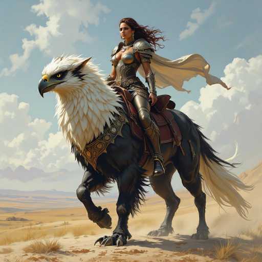 A woman dressed as a knight is riding a black horse with white feathers on her back and wings. The horse has brown legs and hooves. They are standing on a sandy plain under a clear blue sky dotted with fluffy white clouds.