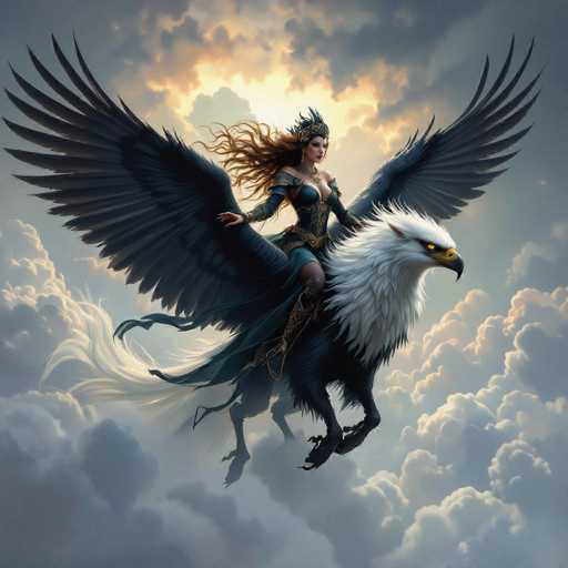 A woman with long brown hair is riding a white eagle through a cloudy sky. The eagle has wings spread wide and is wearing a crown on its head.