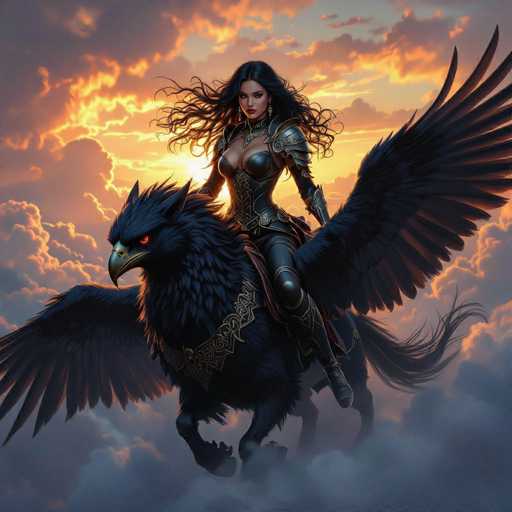 A woman with long dark hair is riding a black bird-like creature on her back against a backdrop of a sunset sky filled with clouds and orange hues.
