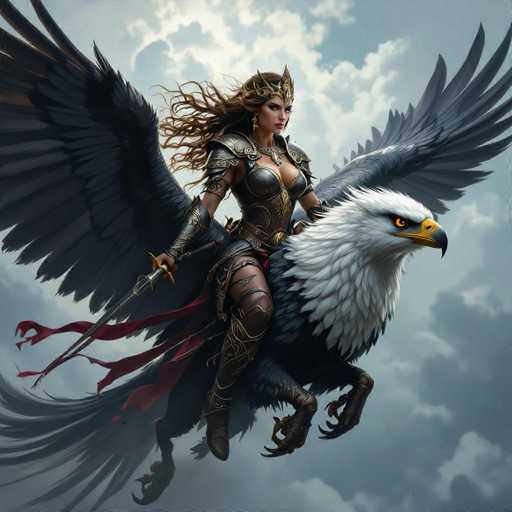 A woman with long brown hair and a crown on her head is riding a white eagle with wings spread wide as it soars through the sky. The eagle's wings are spread out to their full extent, showcasing its majestic flight.