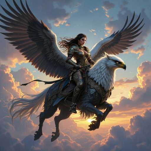 A woman is riding on the back of a white bird with wings spread wide and a golden head. The bird has a long tail that flows behind it as it soars through the sky.