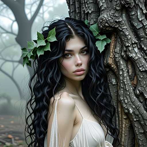 A woman with long dark hair is standing next to a tree trunk in a forest setting. She is wearing a white dress and has her hair styled in loose waves. The background features trees and foliage, creating an impression of being in the woods or forest.