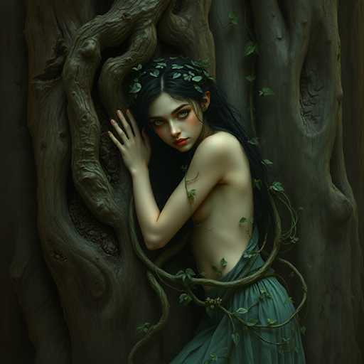 A woman with long dark hair is leaning against a tree trunk, her face partially hidden by the leaves of the tree. The tree has a rough texture and appears to be made of wood, with green leaves growing around it.
