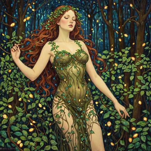 The image depicts a woman with long red hair wearing a green dress adorned with leaves and flowers. She is standing amidst a forest of trees, each tree glowing with yellow lights that cast an ethereal glow on the scene. The painting style is realistic, capturing the intricate details of the woman's attire and the surrounding environment.