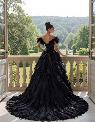 A woman stands on a balcony overlooking a lush garden with trees and bushes. She is wearing a long black dress adorned with large feathers that flow down the back of her gown. The balcony has white railings and a stone balustrade, adding to the elegance of the scene.