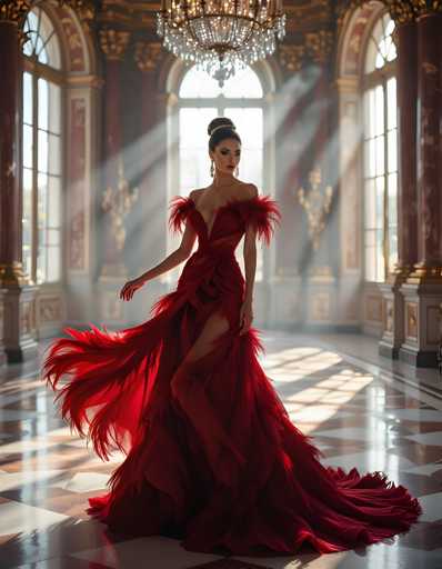 A woman is standing in front of a large window with her hair styled in an elegant updo and wearing a long red dress that flows down to the floor. The room has white walls and gold accents, creating a luxurious atmosphere.