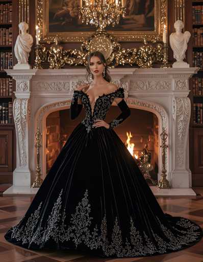 A woman is standing in front of a fireplace with her back turned towards the camera. She is wearing a long black dress adorned with silver embroidery and has her hands on her hips. The room features a large bookshelf filled with various books and a statue of a person on the mantle above the fireplace, which is lit by a chandelier hanging from the ceiling.
The woman's pose suggests she might be posing for a portrait or photograph in this elegant setting.