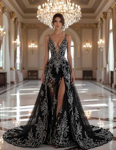 A woman is standing in an opulent room with a chandelier hanging from the ceiling and a large window behind her. She is wearing a long black dress with a sheer bodice and a train that features white lace detailing on the skirt. The dress has a deep V-neckline, and she is wearing earrings.