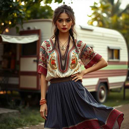 A young woman stands confidently against a backdrop of a white and green camper trailer with red trim. She wears a blue skirt that flows behind her as she poses for the camera. The woman's hair is styled in loose braids, adding to her relaxed demeanor. In front of her, there are two chairs, suggesting an outdoor setting or perhaps a camping trip.