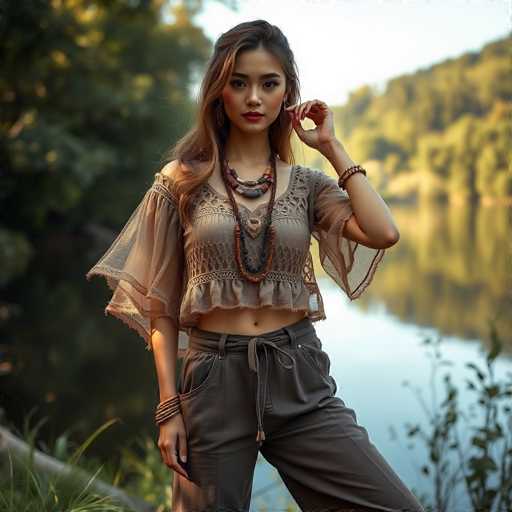 A young woman with long brown hair is standing on a grassy area next to a body of water. She is wearing a beige top and gray pants, and she has several bracelets on her wrist. The background features trees and a river, creating a serene natural setting for the scene.