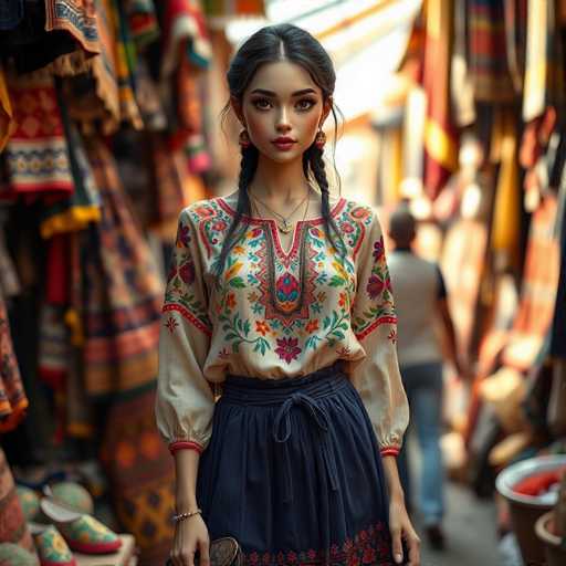 A young woman with dark hair is standing in a market stall surrounded by colorful clothing and accessories. She is wearing a white blouse adorned with blue flowers and a matching skirt that features red and green floral patterns. The woman has her hands tucked into the pockets of her outfit as she gazes directly at the camera, creating an engaging portrait.