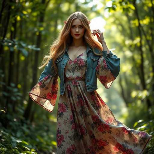 A young woman with long blonde hair is walking through a forest. She is wearing a floral dress and a denim jacket over it. The trees around her have green leaves, suggesting that the photo was taken during the fall season.