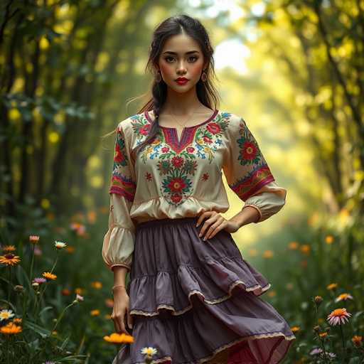 A young woman stands confidently in a field filled with vibrant flowers and trees. She is wearing a white blouse adorned with colorful floral patterns and a purple skirt that falls just below her knees. The woman's hair is styled in loose braids, adding to the overall bohemian aesthetic of the scene.