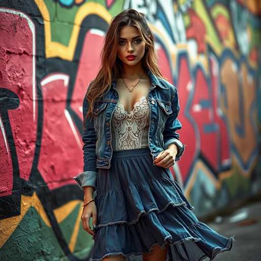 A woman is standing against a vibrant graffiti wall with her hair styled in loose waves and wearing a denim jacket over a white dress with ruffles.