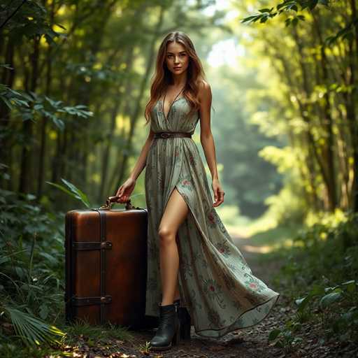A woman is standing on a dirt path surrounded by trees and greenery. She is wearing a long dress with floral patterns and high heels. The woman holds a brown suitcase in her left hand while the other hand rests on her hip.