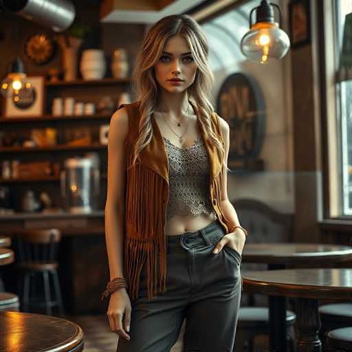A young woman with blonde hair is standing in a cozy coffee shop. She's wearing a brown vest over a gray tank top and black pants. The coffee shop has wooden tables and chairs around it, creating an inviting atmosphere. A large window allows natural light to illuminate the space, enhancing its warm ambiance.