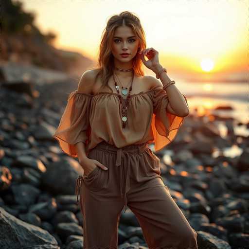 A woman is standing on a rocky beach at sunset. She has long brown hair and is wearing a beige top with a ruffled collar and brown pants. The woman is holding her hands in her pockets while looking directly at the camera.