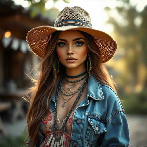 A young woman with long brown hair is wearing a straw hat and a blue denim jacket over a floral dress. She has her hair styled in loose waves and is looking directly at the camera with an engaging expression. The background features trees and a wooden building, suggesting that she might be outdoors or in a rural setting.