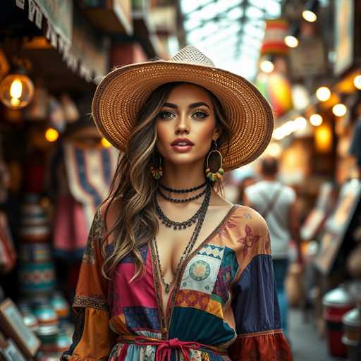 A woman is standing on a street wearing a colorful dress and a straw hat with a gold chain around her neck. She has long brown hair that falls over her shoulders. The background shows an outdoor market filled with various items for sale, including clothing racks and baskets of produce.