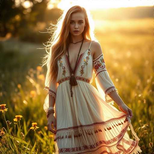 A young woman with long blonde hair is standing in a field filled with yellow flowers and tall grass. She is wearing a white dress adorned with red and green floral patterns on the bodice and skirt, which has a train trailing behind her. The woman's pose suggests she is posing for the photo, looking directly at the camera.