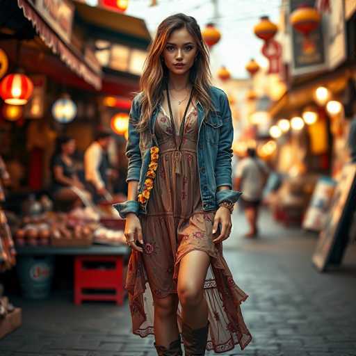 A woman is walking down a street at night with her hair styled in loose waves and wearing a denim jacket over a floral dress. She carries a yellow flower in her hair and wears brown boots that match the color of her dress. The background features colorful lanterns hanging from buildings, creating an atmospheric setting for the scene.
