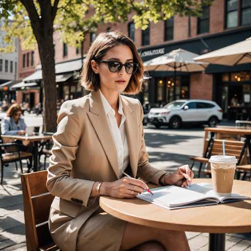 A woman is seated at an outdoor table on a sidewalk cafe, dressed in a beige blazer and sunglasses. She is focused on her book, which has a coffee cup next to it. The background includes brick buildings and trees, creating a relaxed atmosphere for the scene.